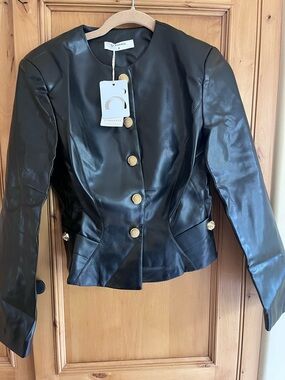 Commense Black Faux Leather Jacket with Gold Buttons
